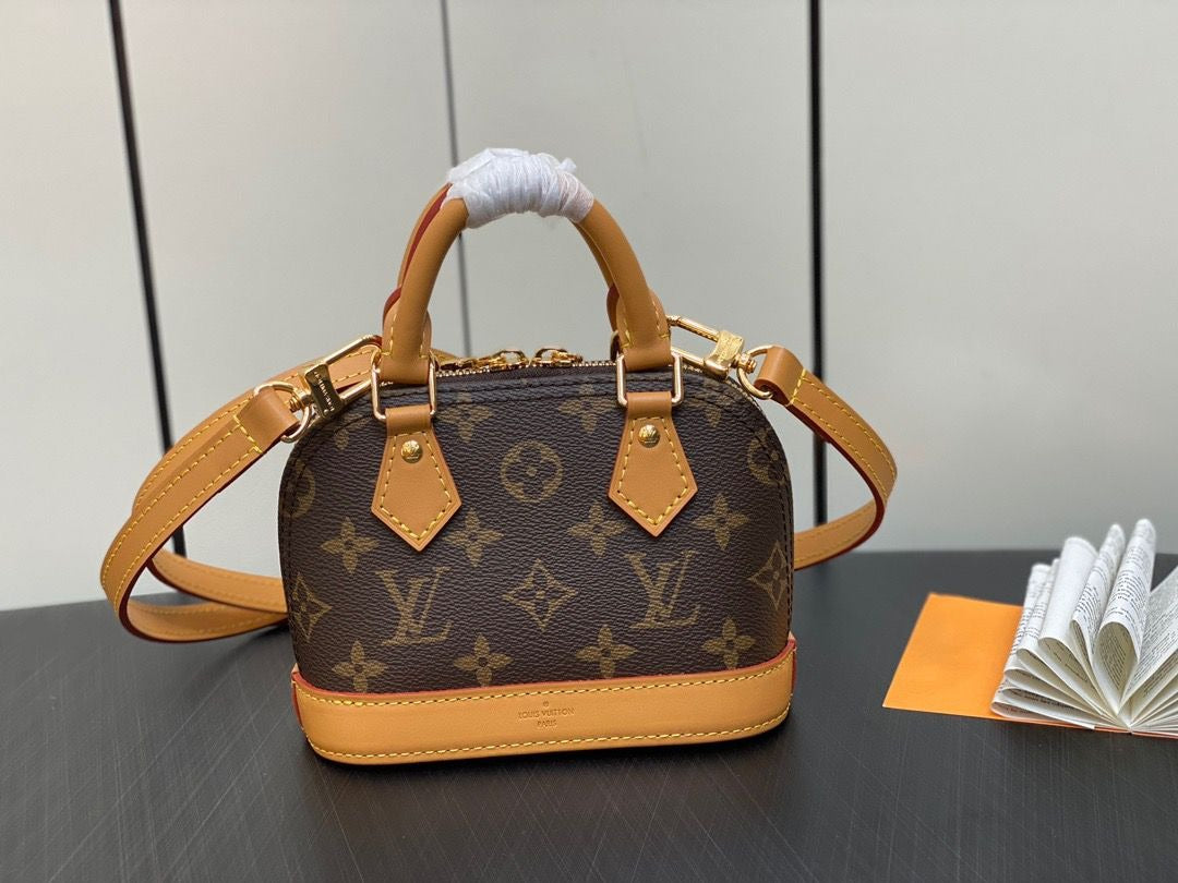 Alma Hand Bag Monogram Leather Brown Gold